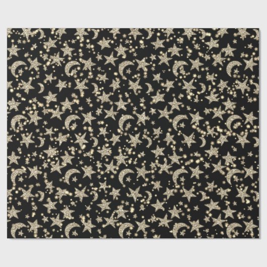 Star Moon Spark Night Galaxy Zwart Champagne Goud Cadeaupapier (Vlak)