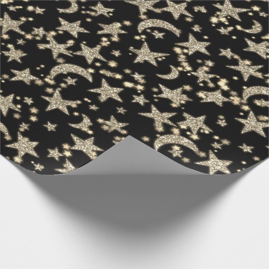 Star Moon Spark Night Galaxy Zwart Champagne Goud Cadeaupapier (Hoek)