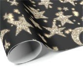 Star Moon Spark Night Galaxy Zwart Champagne Goud Cadeaupapier (Rol Hoek)