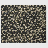 Star Moon Spark Night Galaxy Zwart Champagne Goud Cadeaupapier (Vlak)