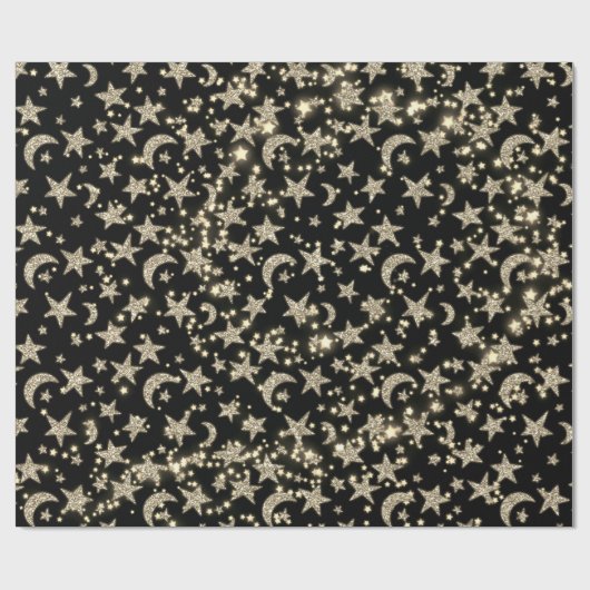 Star Moon Spark Night Galaxy Zwart Champagne Goud Cadeaupapier (Vlak)