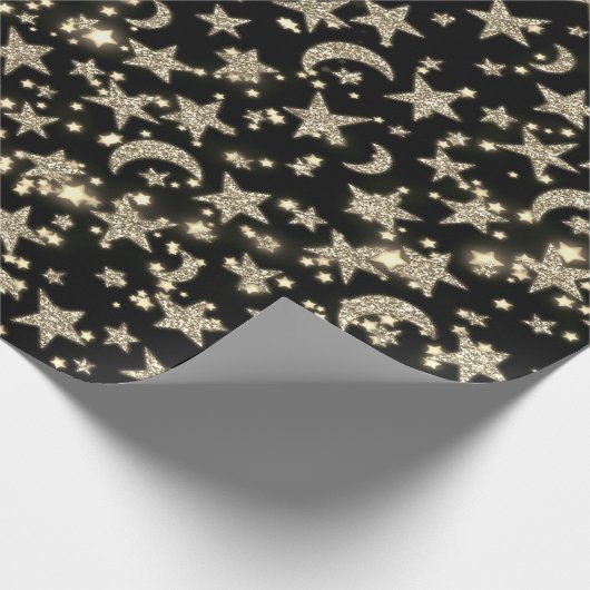 Star Moon Spark Night Galaxy Zwart Champagne Goud Cadeaupapier (Hoek)