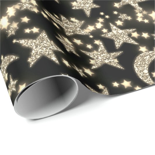 Star Moon Spark Night Galaxy Zwart Champagne Goud Cadeaupapier (Rol Hoek)