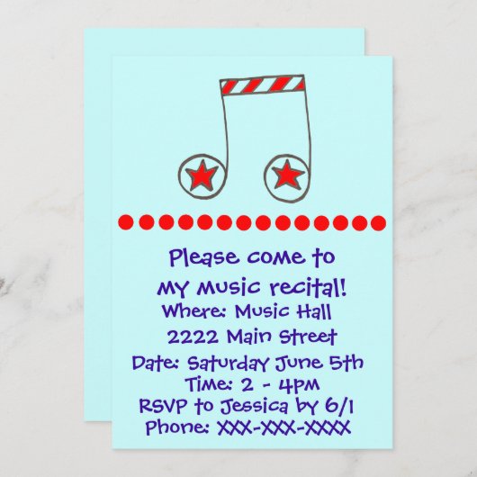 Star Musical Note Music Overweging Invite Kaart (Voorkant / Achterkant)