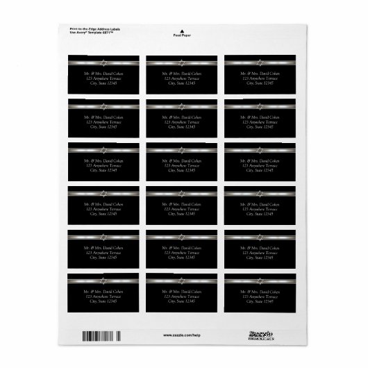 Star of David Black Adresetiketten Etiket (Full Sheet)
