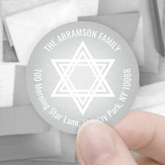 Star of David Faux Silver Foil Retouradres Ronde Sticker