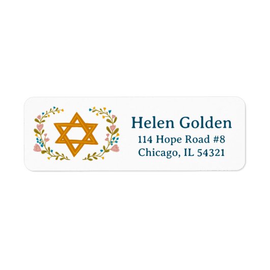 Star of David Floral Joodse terugkeer adres Etiket (Voorkant)