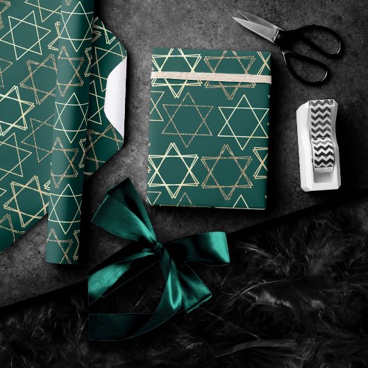 Star of David Pattern | Modern van goud op groen Cadeaupapier