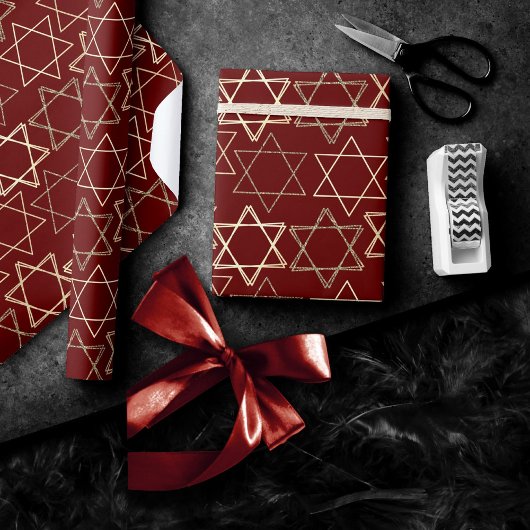 Star of David Pattern | Modern van goud op rood Cadeaupapier