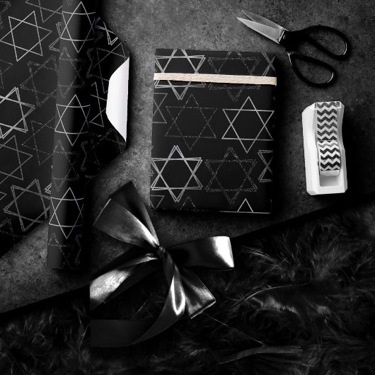 Star of David Pattern | Modern van zilver op zwart Cadeaupapier