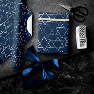 Star of David Pattern   Navy blauw en zilver Cadeaupapier