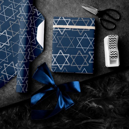 Star of David Pattern | Navy blauw en zilver Cadeaupapier