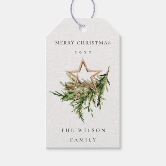 Star Ornament Pine Branch Fauna Merry Kerstmis Cadeaulabel (Voorkant)