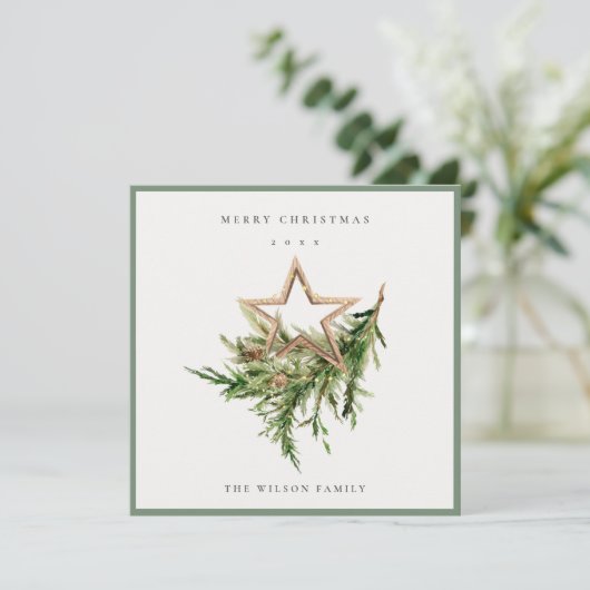 Star Ornament Pine Branch Fauna Merry Kerstmis Feestdagenkaart (Staand voorkant)