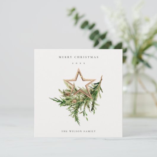 Star Ornament Pine Branch Fauna Merry Kerstmis Feestdagenkaart (Staand voorkant)