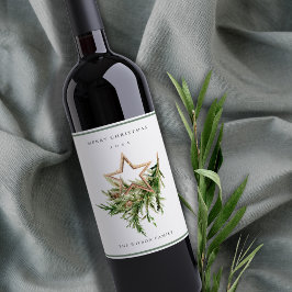 Star Ornament Pine Branch Fauna Merry Kerstmis Wijn Etiket