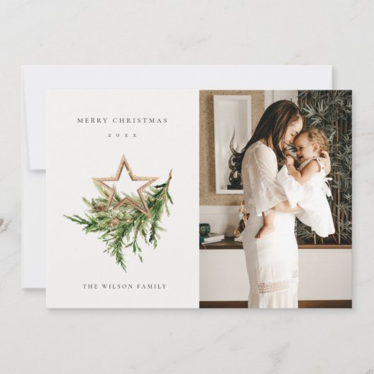 Star Ornament Pine Fauna Foto Merry Kerstry Feestdagenkaart (Voorkant)