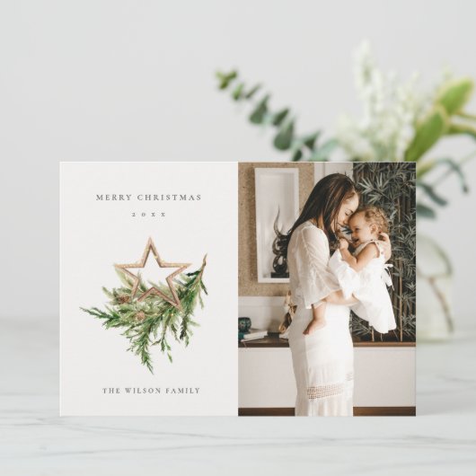 Star Ornament Pine Fauna Foto Merry Kerstry Feestdagenkaart (Staand voorkant)