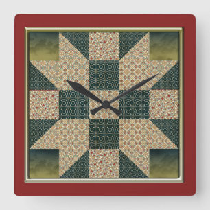 Star Patch Quilt Block Gold en Green no numbers Vierkante Klok