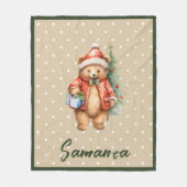 Star pattern christmas bear green beige name fleece deken (Voorkant)