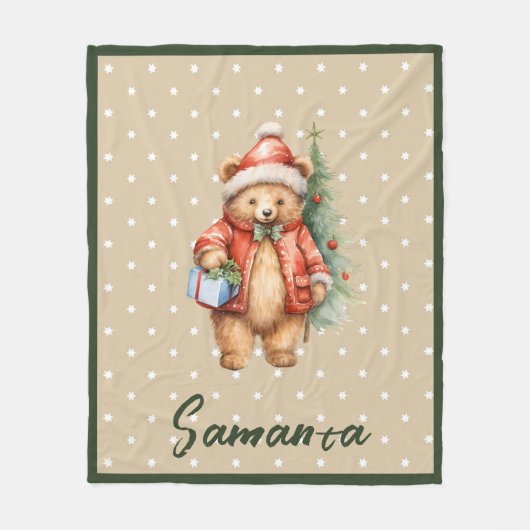 Star pattern christmas bear green beige name fleece deken (Voorkant)