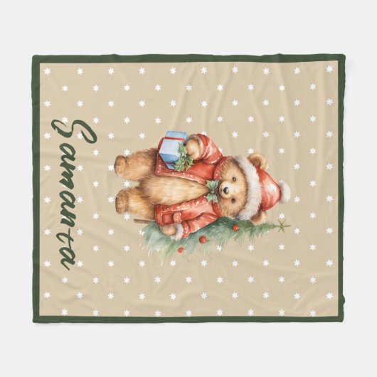 Star pattern christmas bear green beige name fleece deken (Voorkant (Horizontaal))