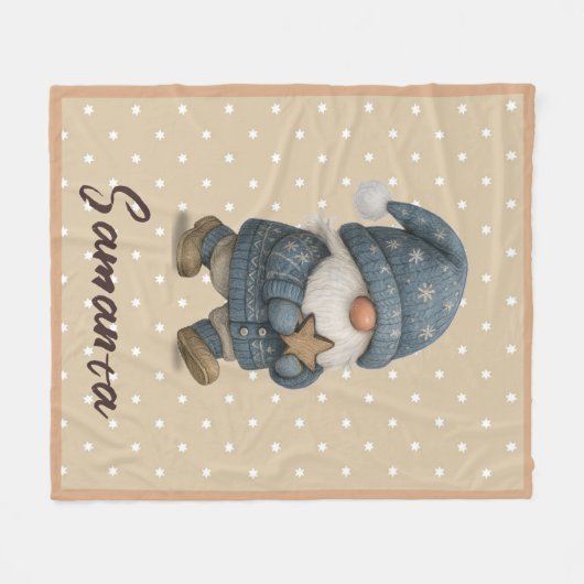 Star pattern gnome blue beige name fleece deken (Voorkant (Horizontaal))