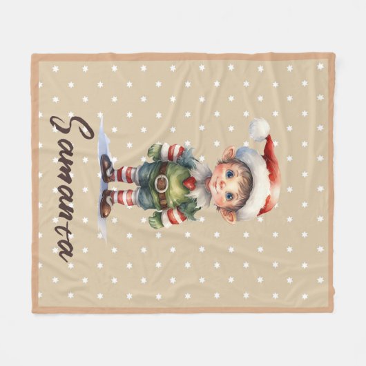 Star pattern gnome blue beige name fleece deken (Voorkant (Horizontaal))