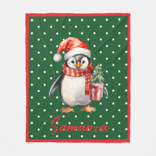 Star pattern penguin green red name fleece deken (Voorkant)