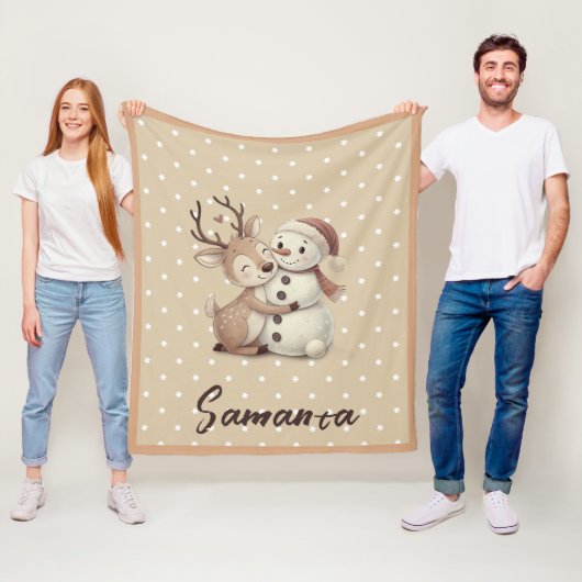 Star pattern reindeer snowman blue beige name fleece deken (In situ)