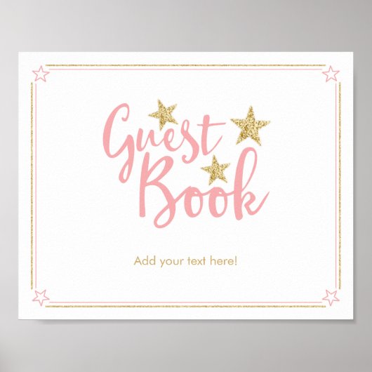 Star Pink Gold Glitter Baby shower Guest Book Sign Poster (Voorkant)