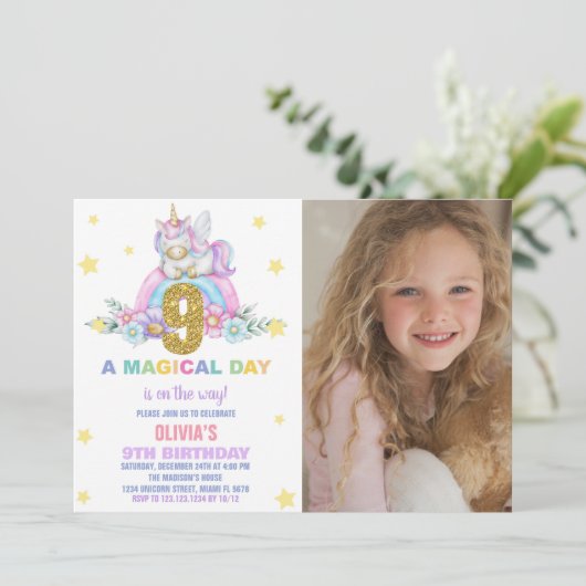 Star Rainbow Unicorn Verjaardag Uitnodigingen een  (Staand voorkant)