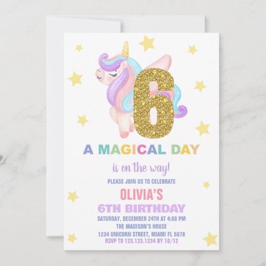 Star Rainbow Unicorn Verjaardag Uitnodigingen Vlie (Voorkant)