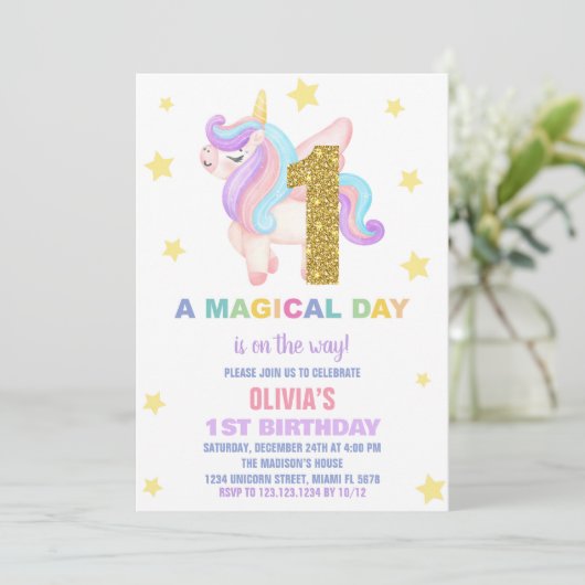 Star Rainbow Unicorn Verjaardag Uitnodigingen Vlie (Staand voorkant)