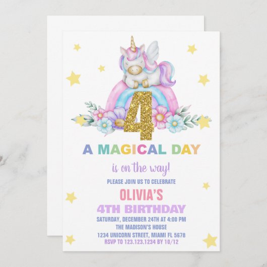 Star Rainbow Unicorn Verjaardag Uitnodigingen Vlie (Voorkant / Achterkant)