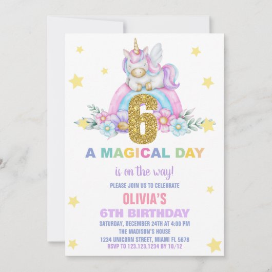 Star Rainbow Unicorn Verjaardag Uitnodigingen Vlie (Voorkant)