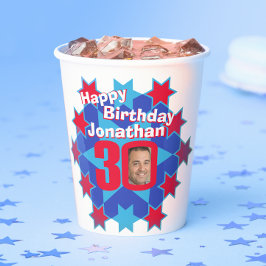 Star red blue, 30e verjaardag, twee foto's op papi papieren bekers