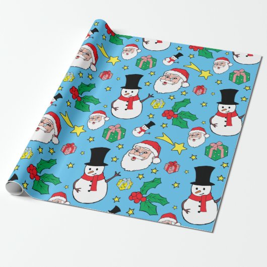 Star Santa Claus Snowman kerstpatroonblauw Cadeaupapier (Uitgerold)