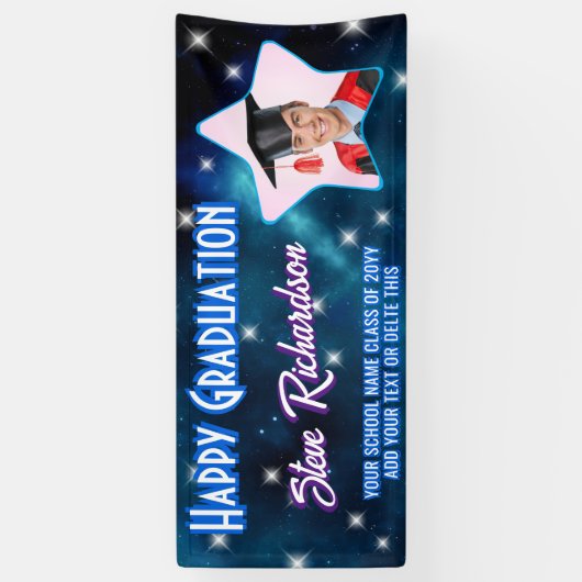 Star Script Naam Happy Graduation Party Blauwe Fot Spandoek (Verticaal)