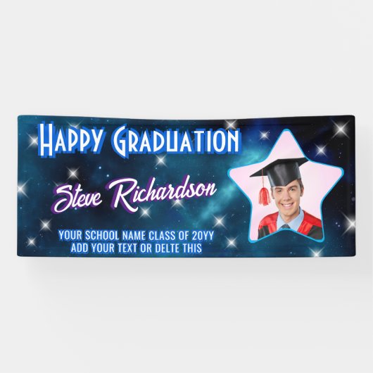 Star Script Naam Happy Graduation Party Blauwe Fot Spandoek (Horizontaal)