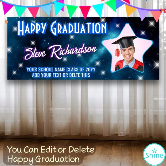 Star Script Naam Happy Graduation Party Blauwe Fot Spandoek