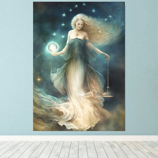 Star sign Libra Goddess, hemelse wezen, zodiac Canvas Afdruk (Insitu (Houten vloer))