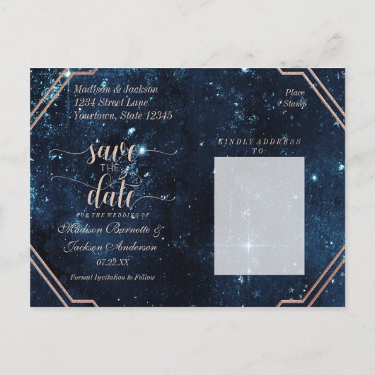 Star Sky Celestial Galaxy Bruiloft Save the Date Aankondigingskaart (Achterkant)