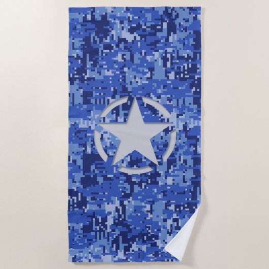 Star Stencil Retro Navy Blue Camouflage op een Strandlaken (Voorkant)
