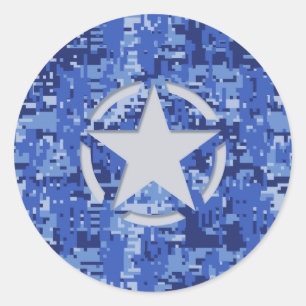 Star Stencil Retro Navy Blue Camouflage Ronde Sticker