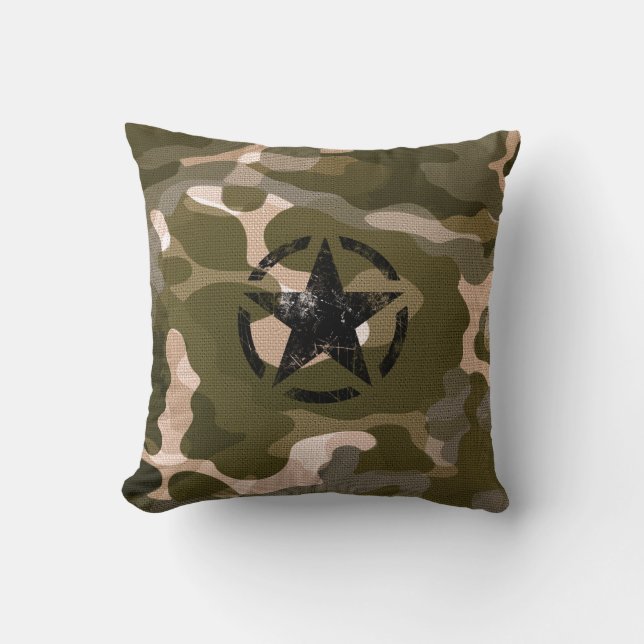 Star Stencil Vintage op Camouflage Kussen (Voorkant)