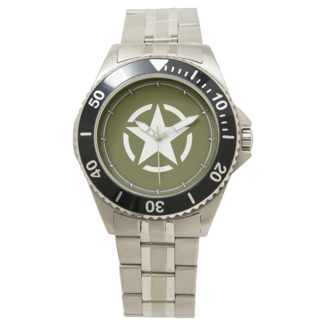 Star Stencil Vintage over Khaki Green Horloge (Voorkant)