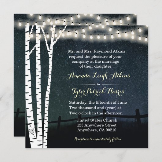 Star String Light Birch Tree Huwelijksuitnodiginge Kaart (Voorkant / Achterkant)