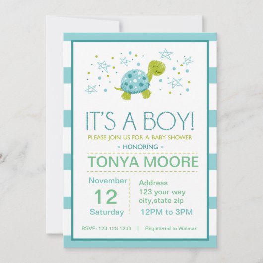 Star Stripe Turtle Baby shower Invitation Kaart (Voorkant)