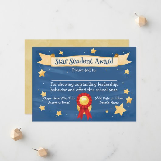 Star Student Award Certificaat School Kinder 8.5x1 Aankondiging (Voorkant / Achterkant in situ)